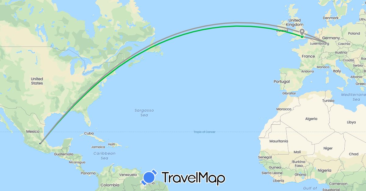 TravelMap itinerary: driving, bus, plane in Germany, United Kingdom, Mexico (Europe, North America)